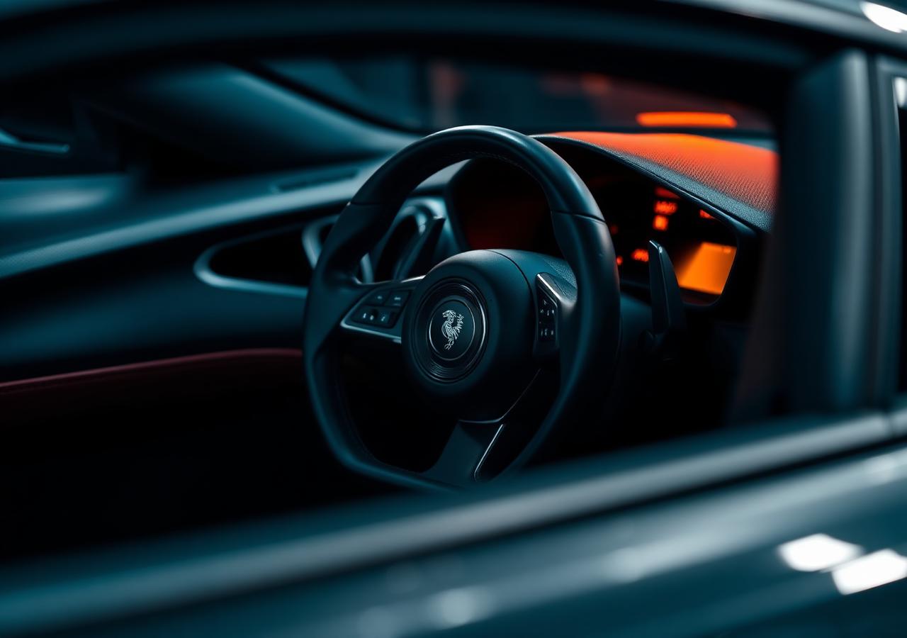 Luxury supercar interior with leather steering wheel