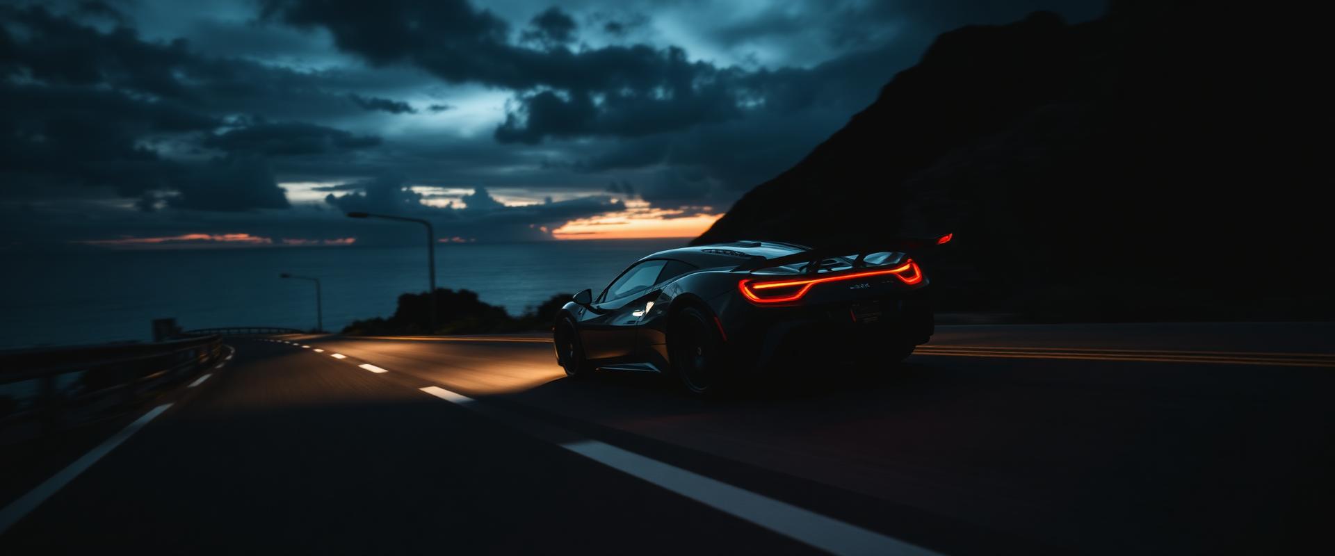 Exotic sports car on a coastal road at dusk